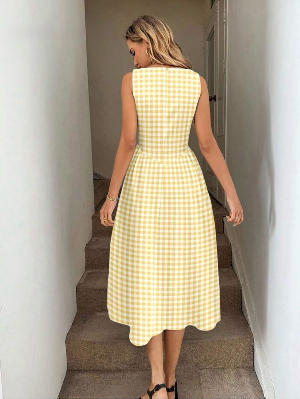Sleeveless Yellow Gingham Midi Dress - Picture 2 of 5
